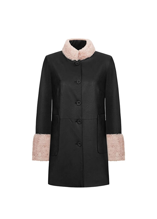 Feel The Lotus Suki Black Leather Fur Detailed Women's Coat - 1