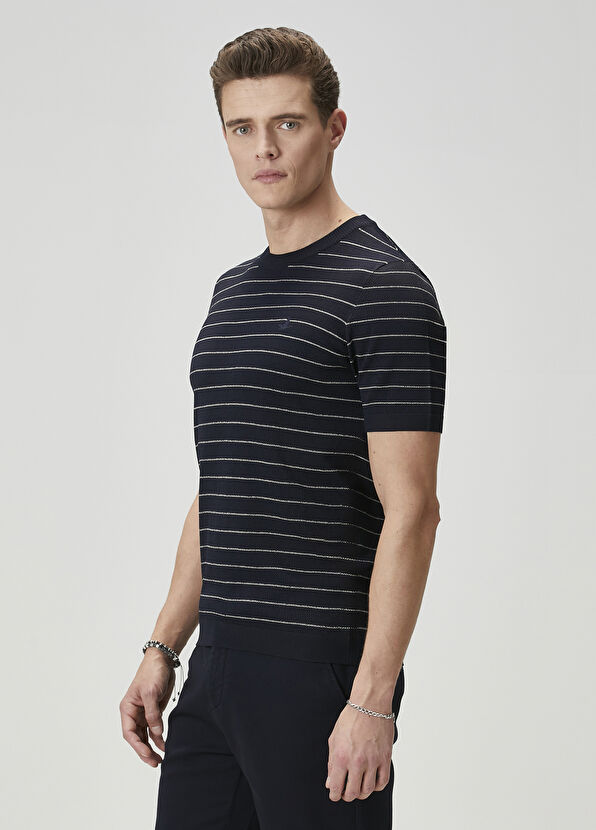 Beymen Club Navy Blue Stripe Patterned Short Sleeve Sweater - 4