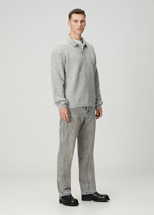 Purple Brand Açık Gri Polo Yaka Logo Jakarlı Yün Kazak - 2