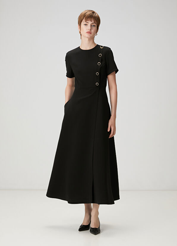 Beymen Club Siyah Gold Düğmeli Midi Elbise - 3