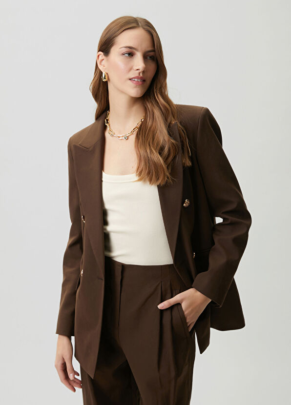 Beymen Club Kahverengi Kruvaze Keten Blazer - 1