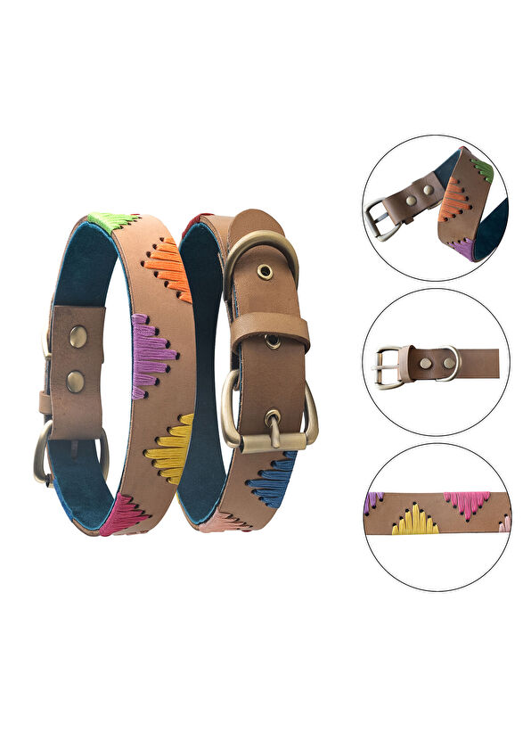 Zeynep Birinci Beige Genuine Leather Dog Neck Collar - 2