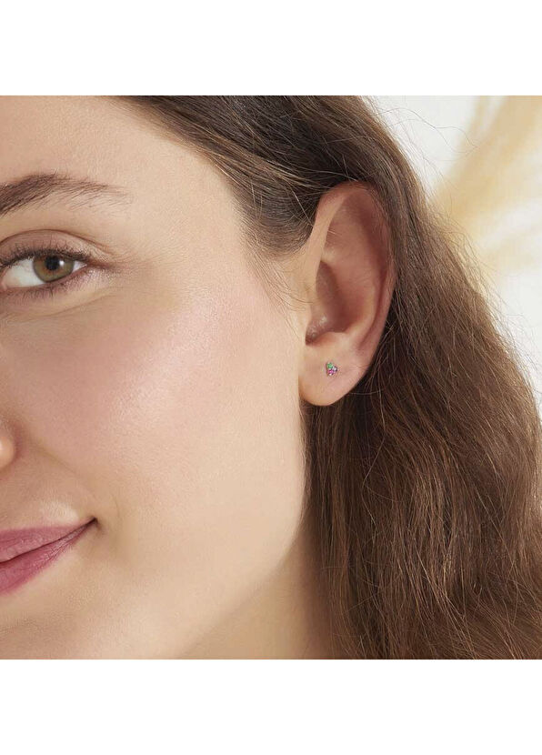 Nev Jewellery Ametist Zümrüt ve Yakut Taşlı 14 Ayar Beyaz Altın Mini Tek Küpe - 2