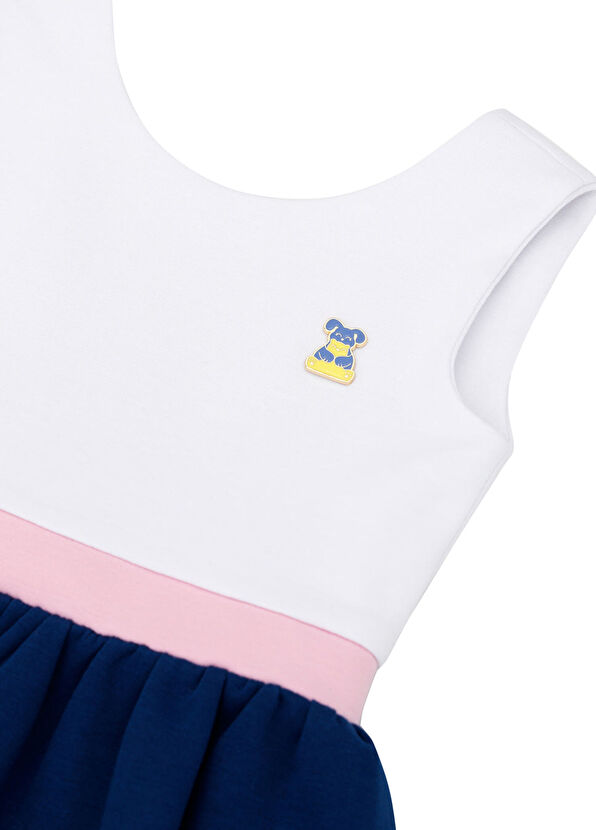 Beyaz Lacivert Arkası Kurdelalı Kız Çocuk Elbise - Görsel 3