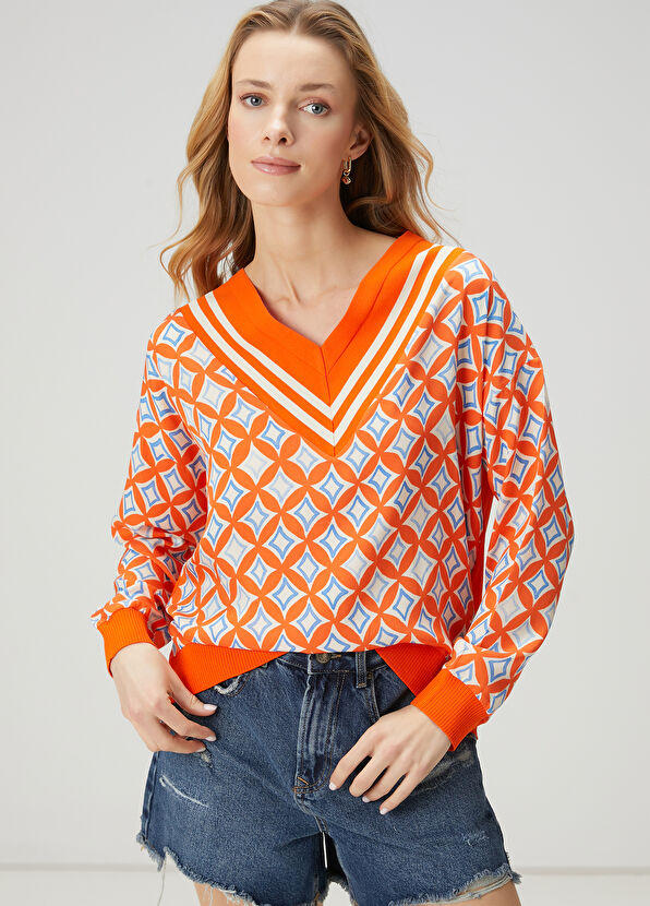 Beymen Club Turuncu Geometrik Desenli Kazak - 1