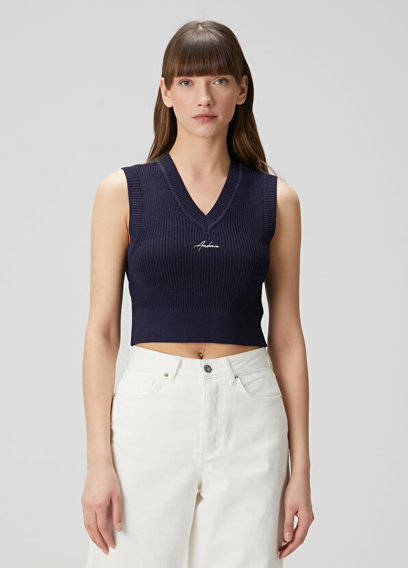 Academia Lacivert Logo Nakışlı Triko Süveter - 4