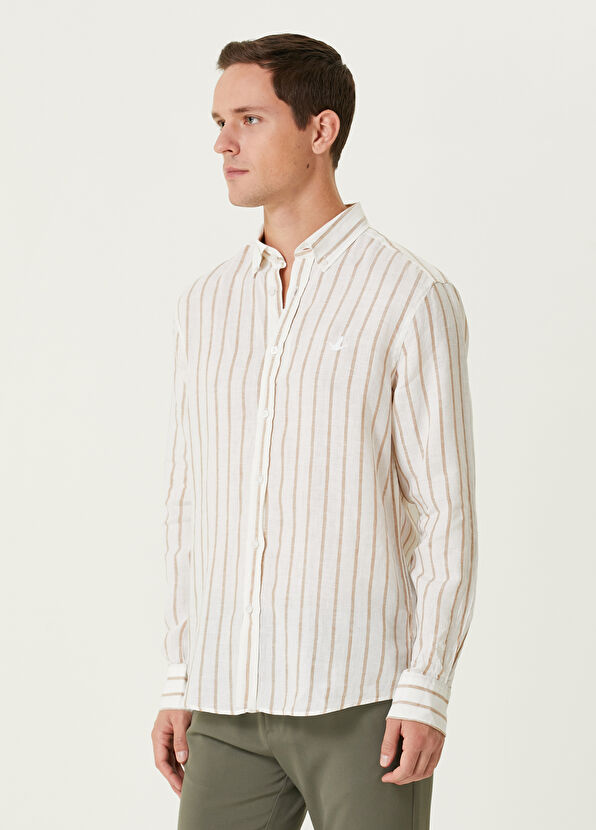 Beymen Club Comfort Fit Coffee White Linen Shirt - 2