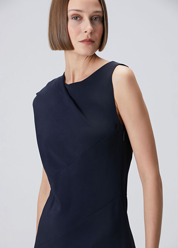 Lacivert Asimetrik Midi Elbise - Görsel 3