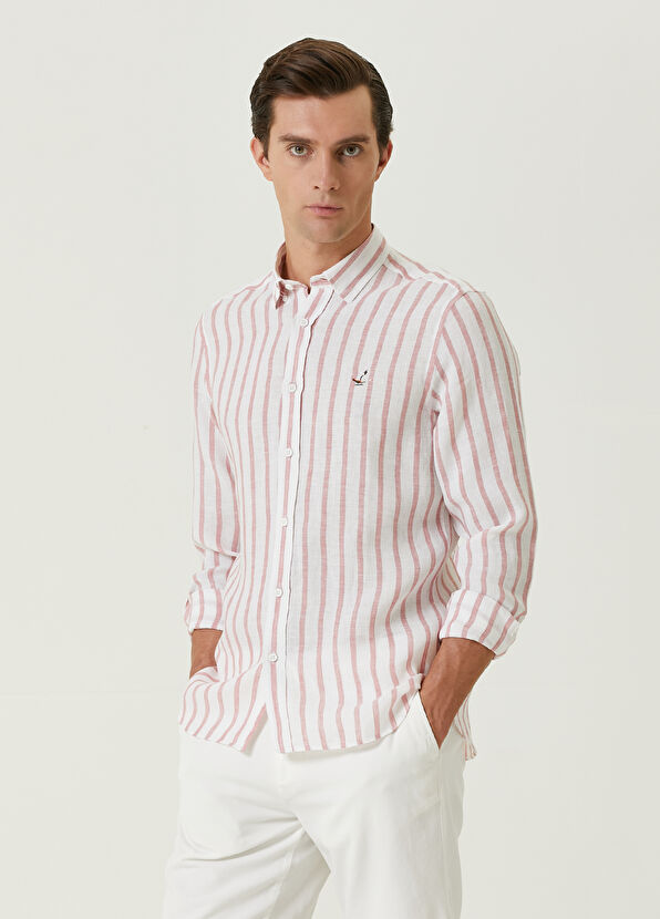 Beymen Club Slim Fit Dark Pink Thick Striped Linen Shirt - 1