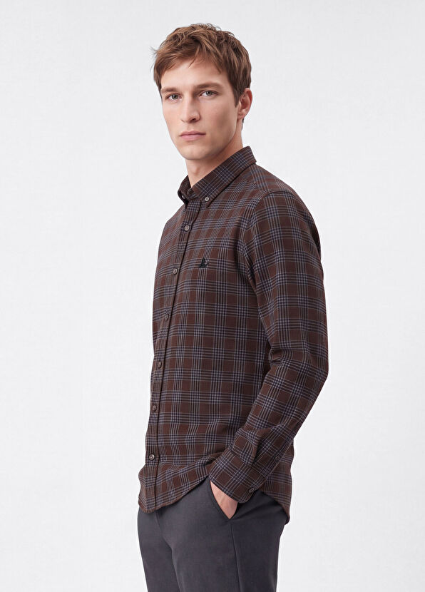 Beymen Club Comfort Fit Brown Honeycomb Plaid Shirt - 3