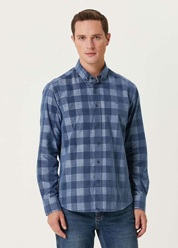 Beymen Club Lacivert Kare Desenli Kadife Gömlek - 1