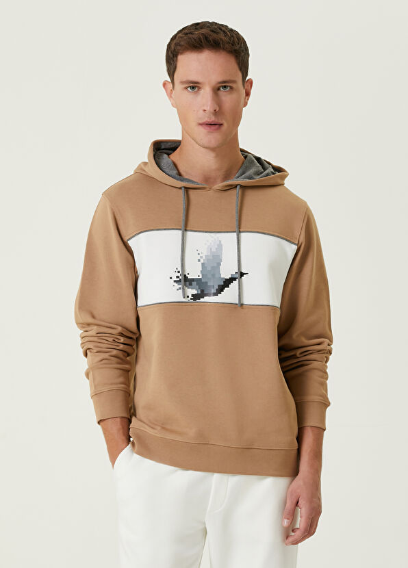 Beymen Club Bej Kapüşonlu Piksel Kaz Baskılı Sweatshirt - 1