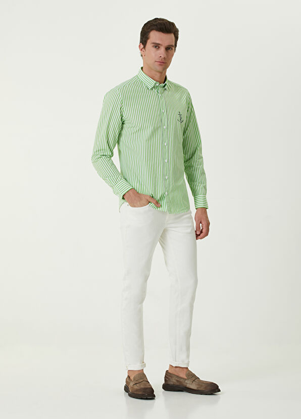 Beymen Club Slim Fit Yeşil Çizgi Desenli Çapa Nakışlı Gömlek - 2
