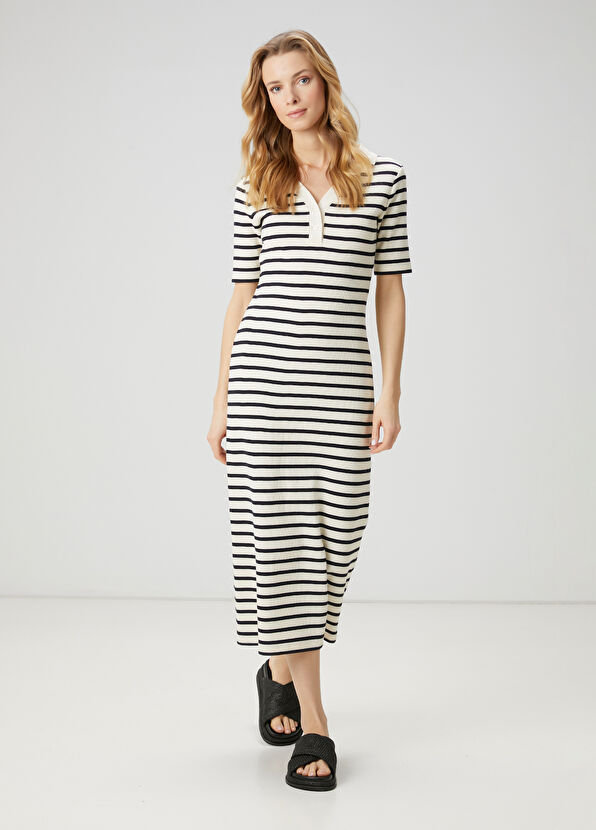 Beymen Club Ekru Lacivert Çizgili Midi Polo Elbise - 2