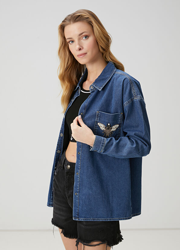 Beymen Club Mavi İşlemeli Denim Dış Gömlek - 1