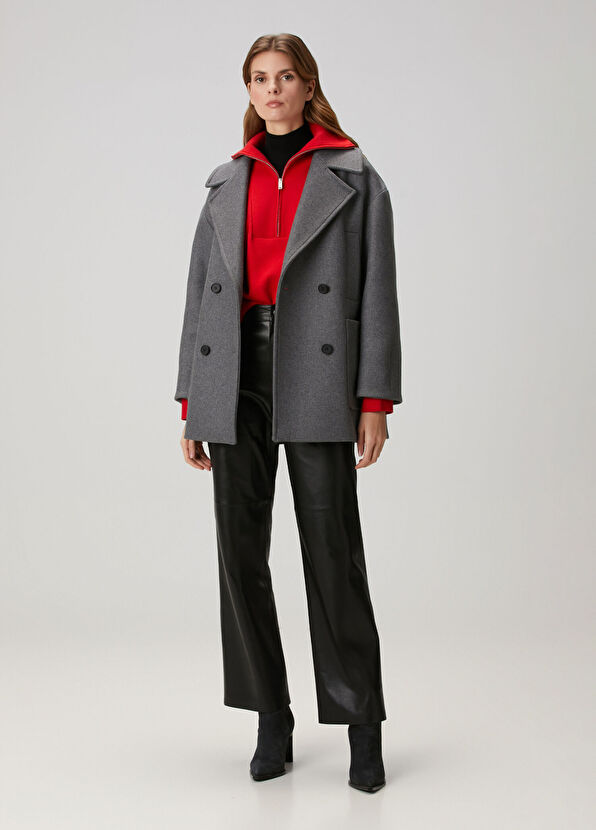 Oversize Gri Yün Kaşe Kaban - Görsel 4