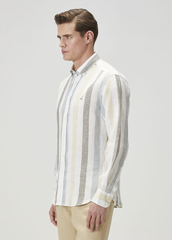 Beymen Club Comfort Fit Yeşil Çizgi Desenli Keten Gömlek - 4