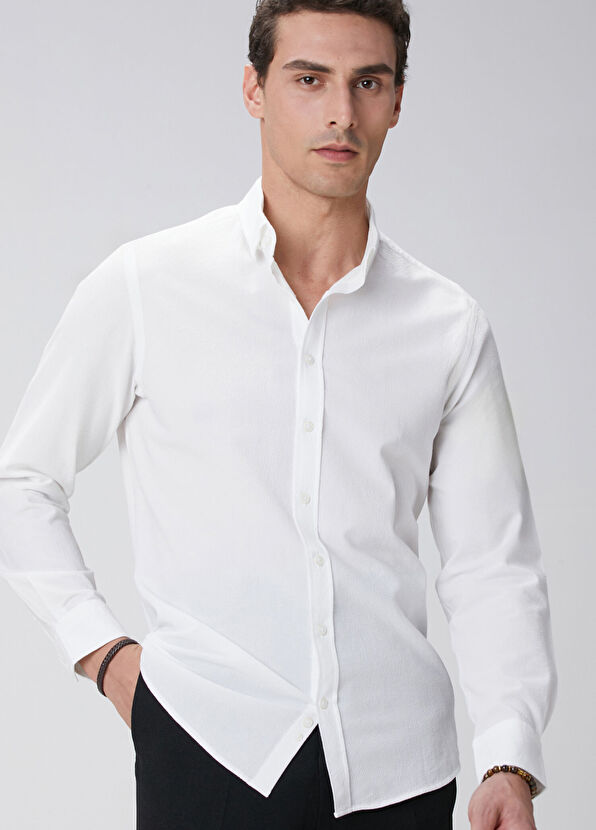 Beyaz Gofre Desenli Gömlek - Görsel 3