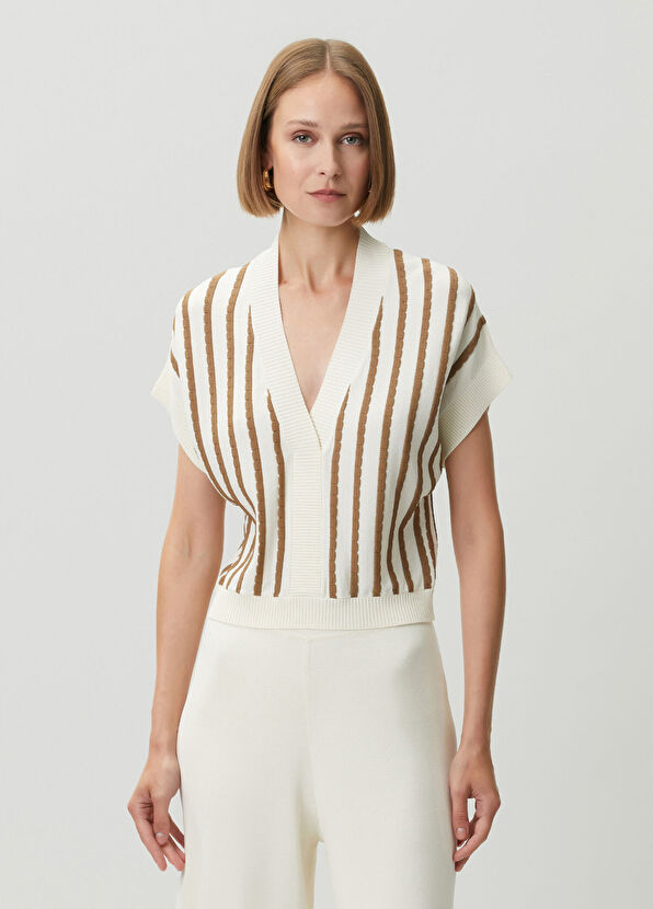 Join Us Ecru Brown Striped Knitwear - 1