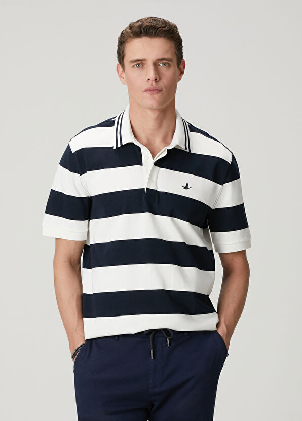 Beymen Club Navy Blue Striped Oversized Polo T-Shirt - 1