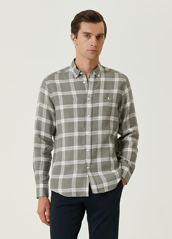 Beymen Club Comfort Fit Light Khaki Square Plaid Linen Shirt - 1