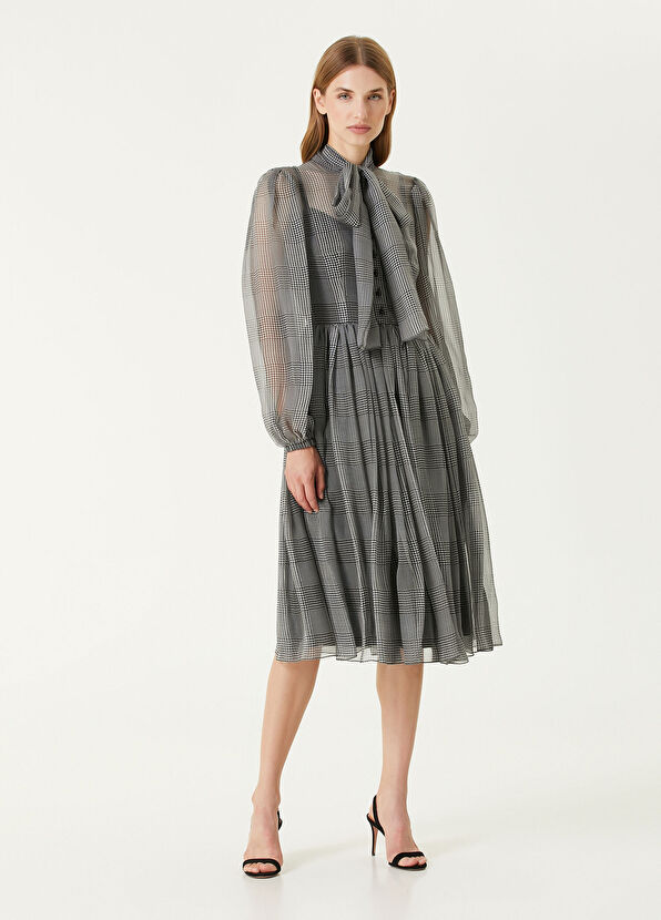 Dolce&Gabbana Koyu Gri Ekoseli Midi İpek Şifon Elbise - 1