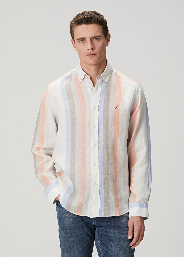 Beymen Club Comfort Fit Mink Stripe Linen Shirt - 1