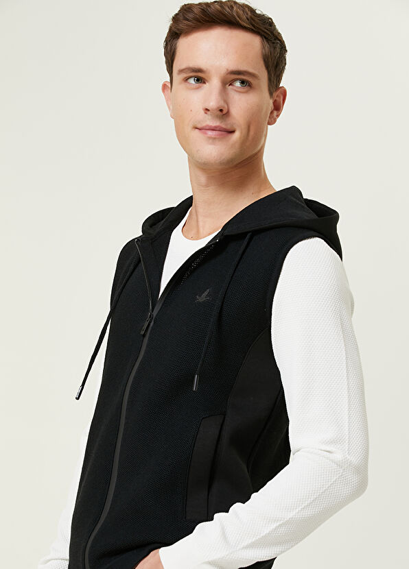 Beymen Club Siyah Kapüşonlu Pirinç Dokulu Yün Triko Yelek - 2