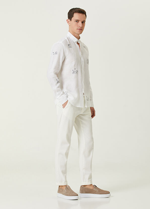 Beymen Club Comfort Fit White Landscape Embroidered Linen Shir - 3
