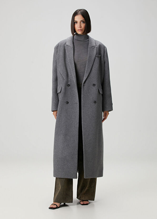Oversized Gri Kruvaze Yün Palto - Görsel 4