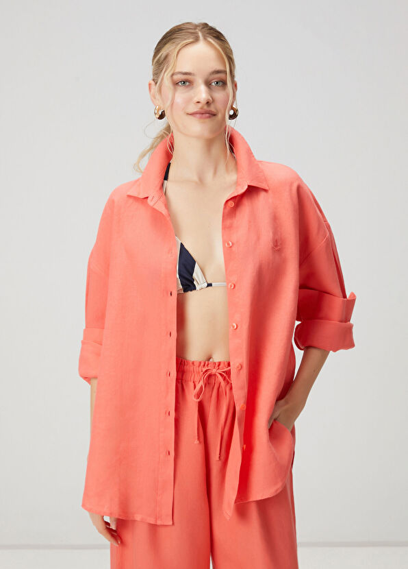 Beymen Club Oversize Somon Logolu Keten Gömlek - 1