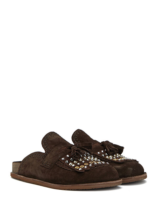 Beymen Club Brown Stud Women's Suede Sabo Slippers - 2