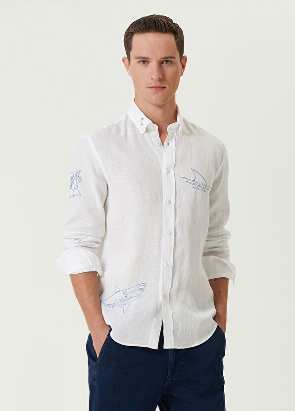 Beymen Club Comfort Fit Fish Sail Embroidered Linen Shirt - 2