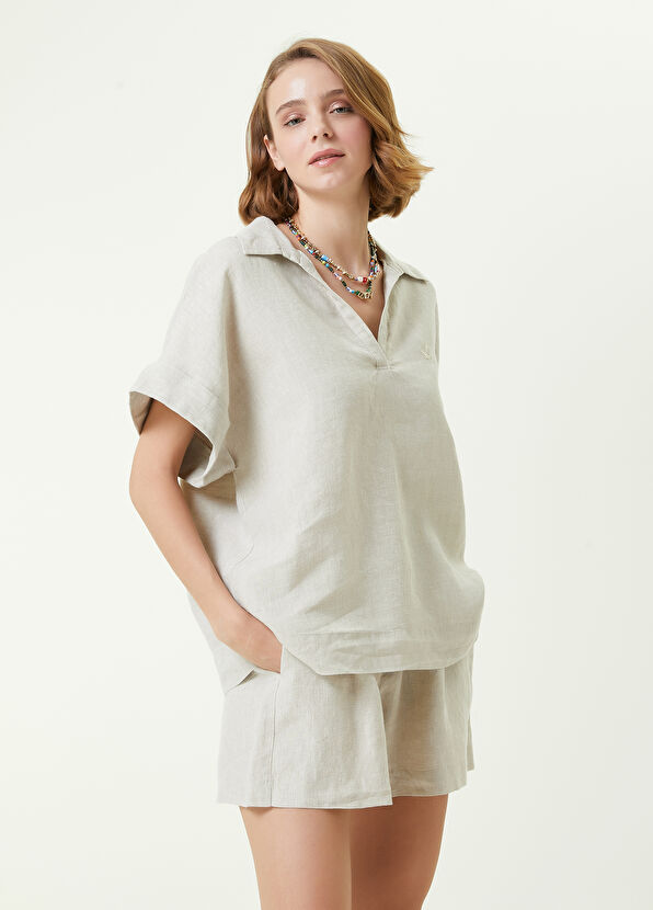 Beymen Club Bej Polo Yaka Logolu Keten Bluz - 3