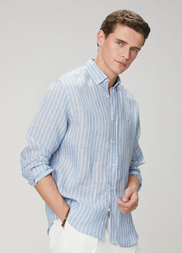 Beymen Club Comfort Fit Blue Stripe Patterned Linen Shirt - 1