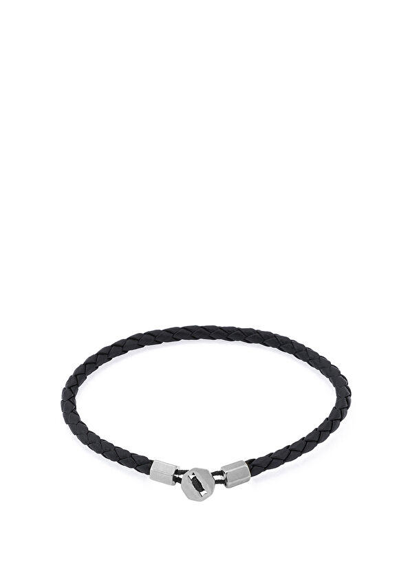 Siyah Deri Gümüş Kaplama Çelik Erkek Bileklik - Görsel 2