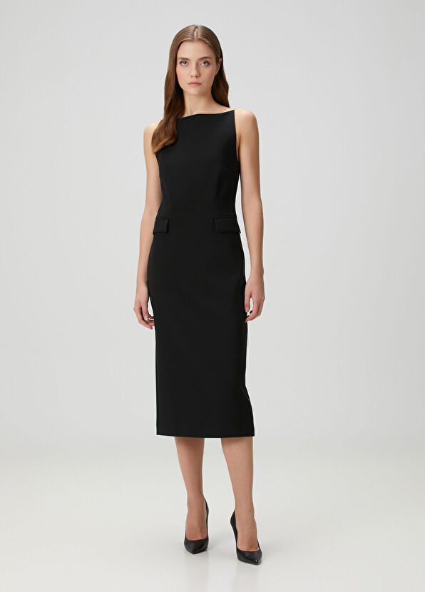 Siyah Midi Kokteyl Elbise - Görsel 5