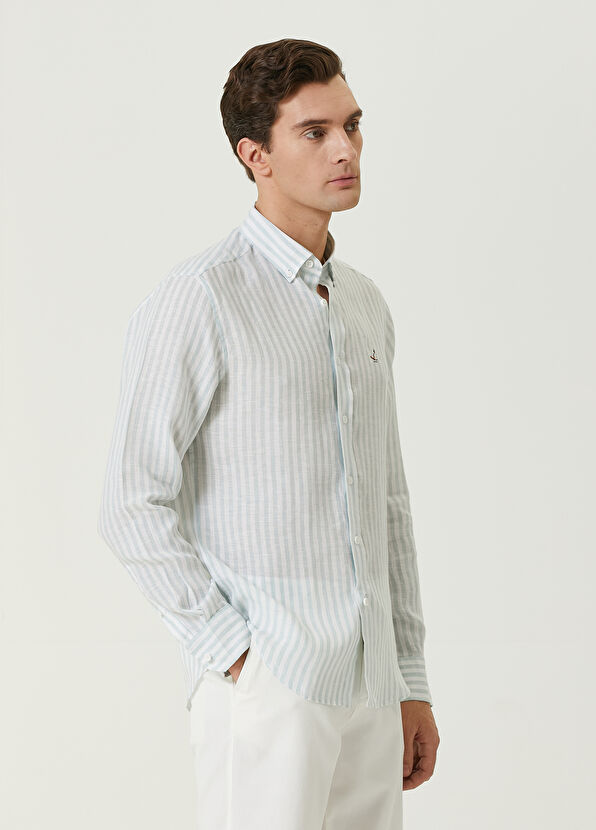 Beymen Club Comfort Fit Açık Mint Çizgili Keten Gömlek - 4