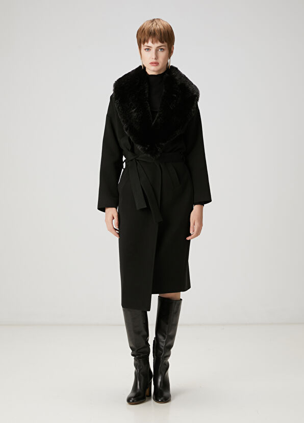 Beymen Club Black Fur Collar Double-Breasted Coat - 4