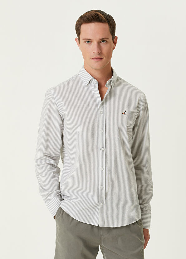 Beymen Club Comfort Fit Haki Çizgi Desenli Gofreli Gömlek - 1