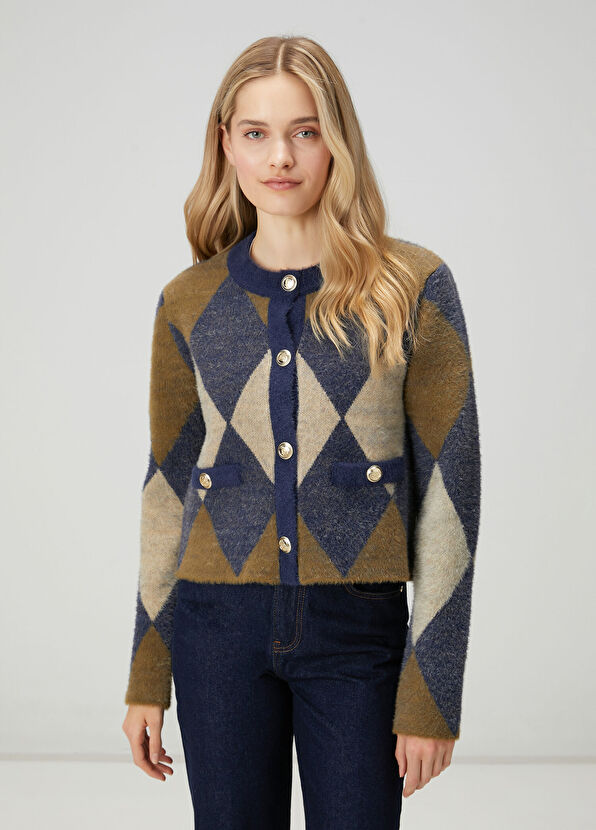 Beymen Club Navy Blue Khaki Patterned Cardigan - 1