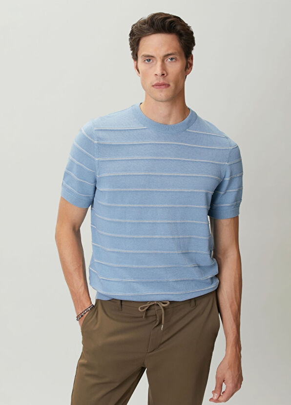 Beymen Club Blue Embossed Stripe Textured Short Sleeve Sweater - 2