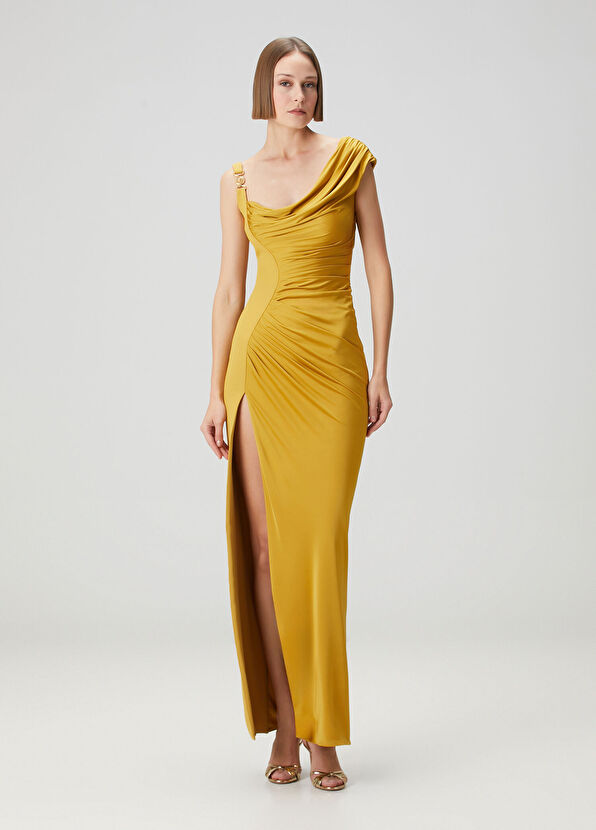 Sarı Asimetrik Maksi Abiye Elbise - Görsel 3