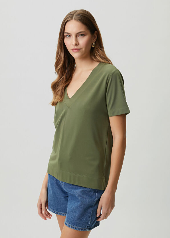 Beymen Club Açık Haki Yanı Yırtmaçlı Basic T-shirt - 4