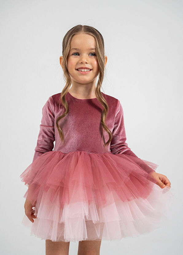 Mini Celebrities Gül Kurusu Kadife Tütülü Uzun Kollu Kız Çocuk Elbise - 3