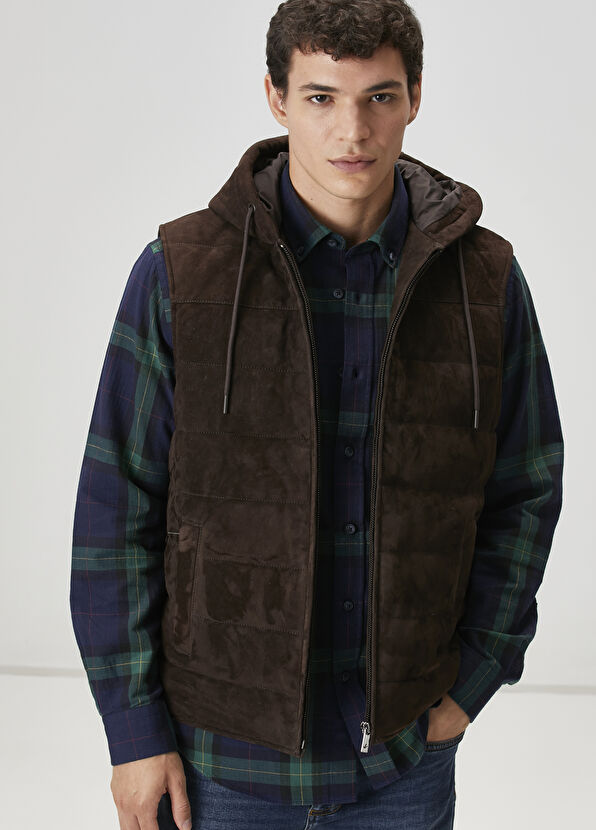 Beymen Club Dark Brown Hooded Suede Vest - 1