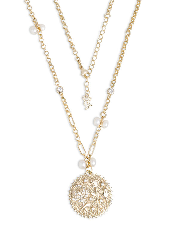So Chic Love and Rose Medallion Silver 18K Yellow Gold Plated Women's Necklace - 1