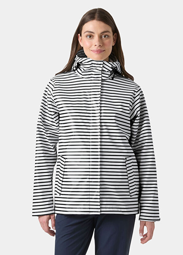 W Moss White Çizgili Kapüşonlu Kadın Yağmur Ceketi - Görsel 4