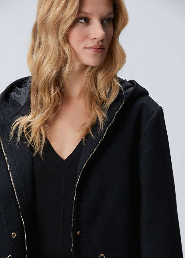 Network Siyah Kendinden Kapüşonlu Manto - 2