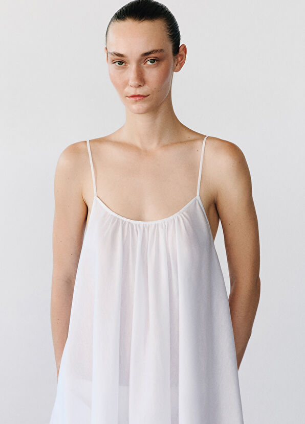 Rawe Rain Beyaz Pamuk Keten Askılı Kadın Uzun Elbise - 4